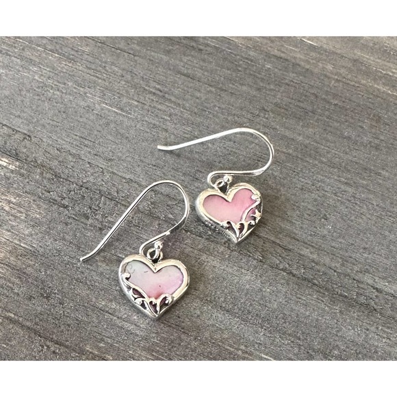 Boma Heart Earrings Pink Shell Irridescent Tiny Dainty Sterling Silver 925 - Picture 5 of 11